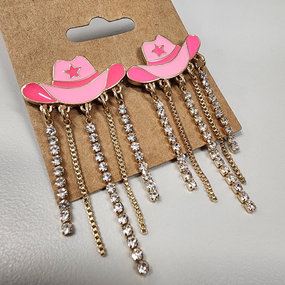 Pink Enamel Cowgirl Hat Earrings Rhinestone Tassels & Gold Chain Fringe Western - Picture 2 of 7